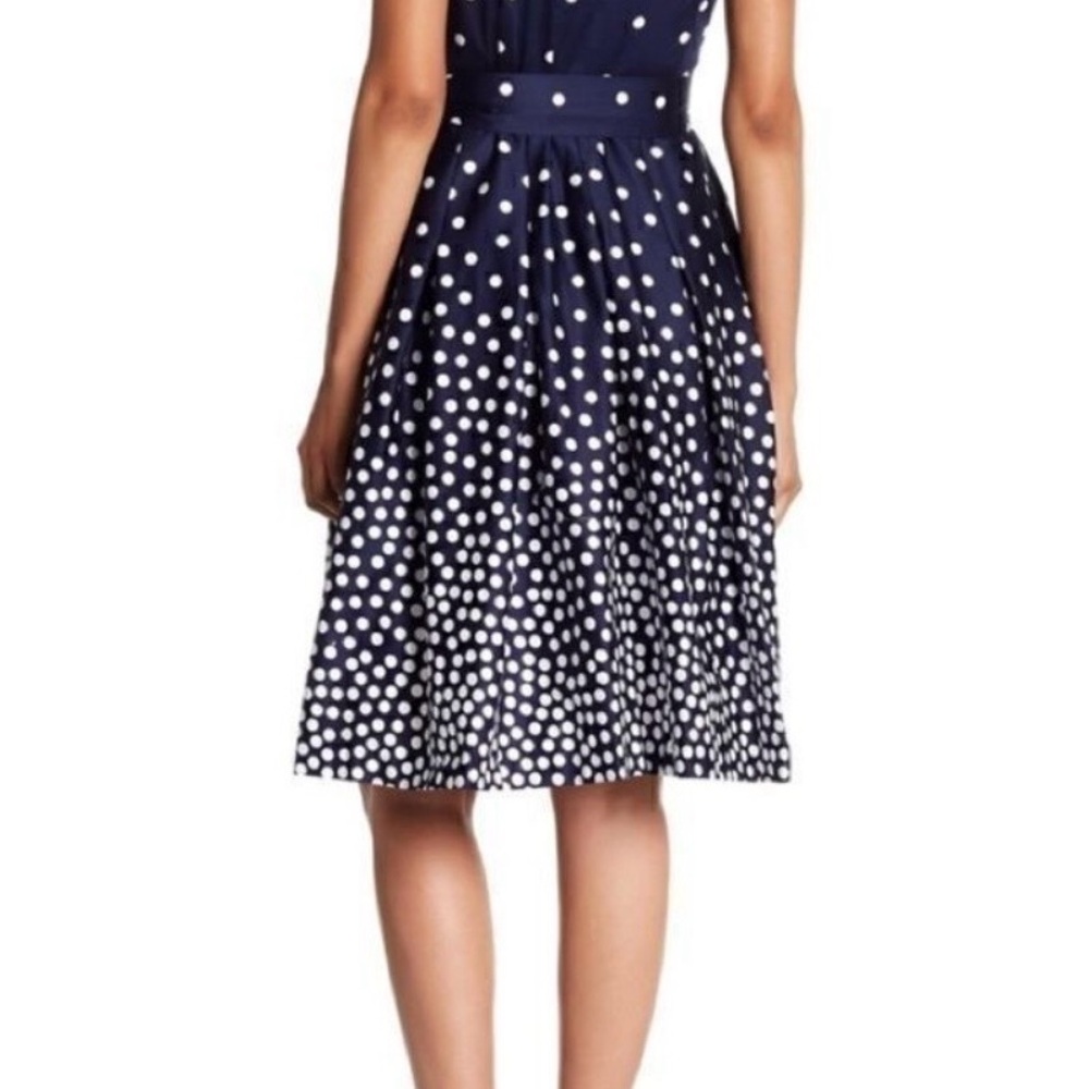 Anne Klein Polka Dot Dress 6 Navy White Sleeveless Faux Wrap Fit Flare Belt - Picture 3 of 8
